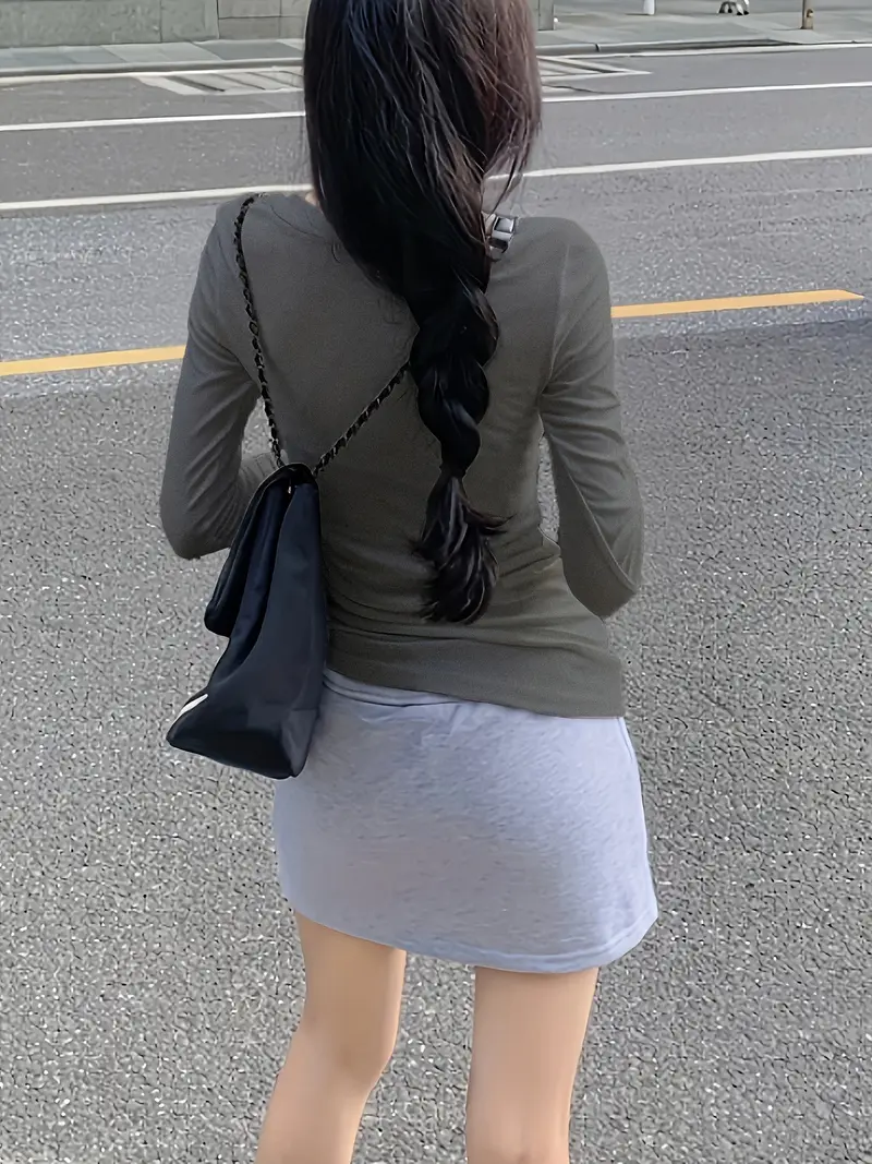 여성용 가을 겨울 롱 슬리브 V넥 티셔츠 - 사이드 포켓 스트레치 캐주얼 시크 탑, 기계 세탁 가능 레귤러 핏 솔리드 컬러 블라우스, 여성 티셔츠, 가을 패션, 스타일리시한 룩, 쉬운 관리 원단