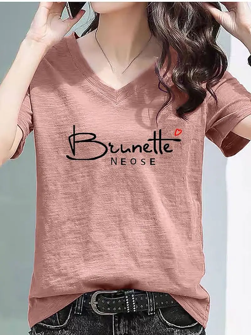 여성용브이넥 레터링 기본핏 반팔 티셔츠