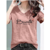 여성용브이넥 레터링 기본핏 반팔 티셔츠