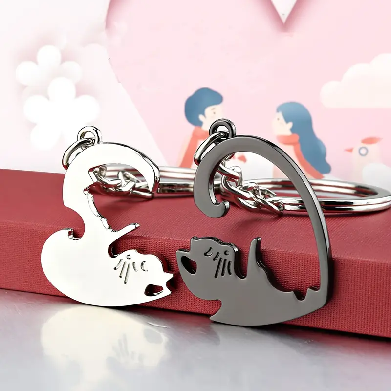 커플을위한 1 쌍 하트 모양의 사랑스러운 고양이 키 체인, 귀여운 가방 펜던트, 키 액세서리, 남자 친구, 여자 친구, Bestie, 가족, 어린이를위한 선물