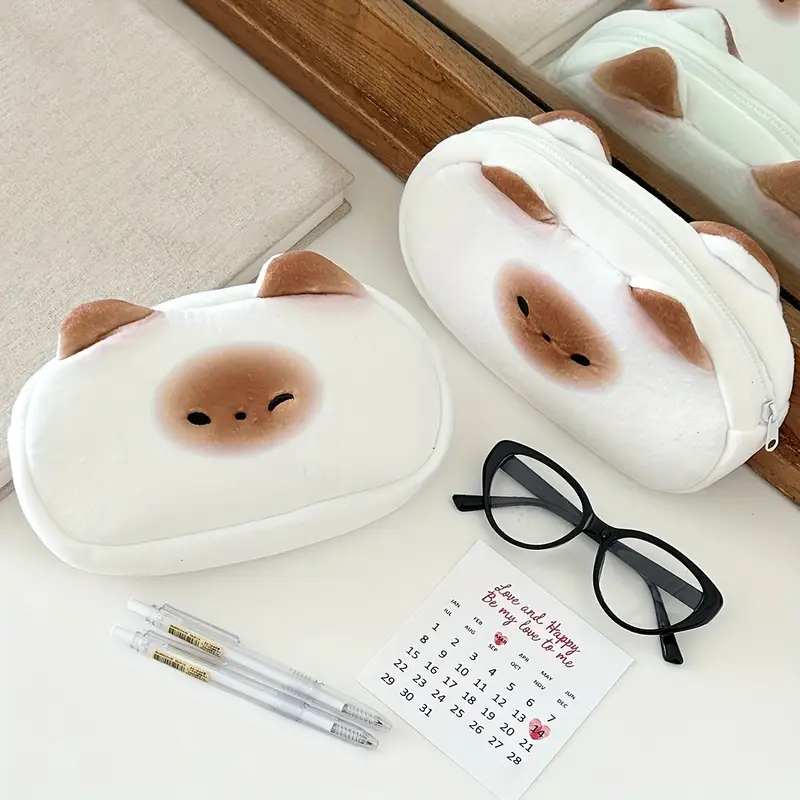 개인화된 하얀색 새끼 고양이 모양 연필 케이스: 사무실 책상, 공부용 문구 보관함, 친구들에게 선물, 학교용품 - 14세 이상을 위한 적합 - 폴리에스터 소재로 제작