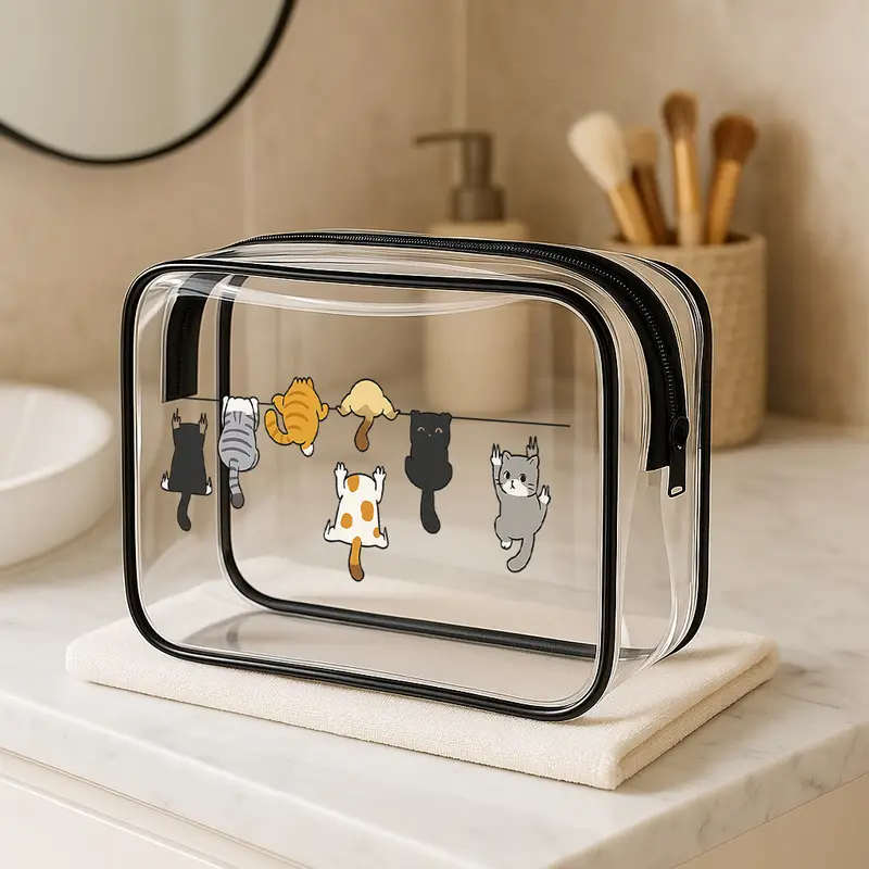 여행용 메이크업 보관 가방, 지퍼 잠금, 대용량, 세탁 쉬운 스타일리시 고품질 여성용 수납백, 소형 PVC 파우치, 휴대용 화장품 가방, 다이내믹 고양이 디자인