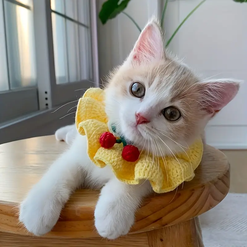 RODAFN 핸드메이드 딸기 체리 플레드 고양이 & 개 비브 - 부드러운 폴리에스테로우 리본 디자인, 러플 엣지, 안전한 핏을 위한 조절 가능한 스트랩, 귀여운 애완동물 액세서리, 새끼 고양이부터 성견까지, 새끼 고양이 옷, 재미있는 디자인, 우수한 공예